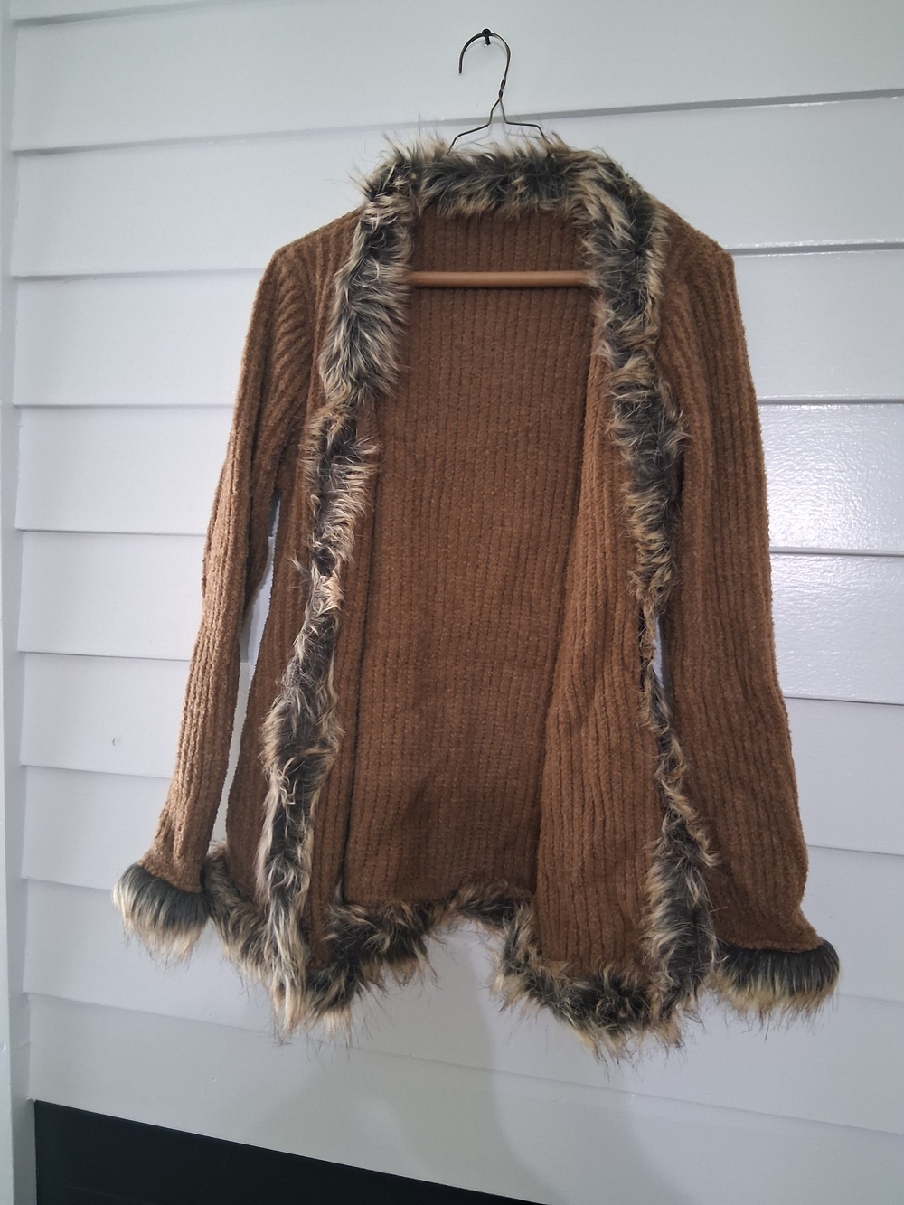 Faux Fur Trim Ribbed Knit Women's Sweater Cardigan - Camel